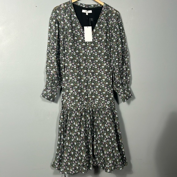 Joie Gabrielle Midi Cotton Tiered Skirt Balloon Sleeves Belted V Neck Dress sz 4 - Picture 5 of 17